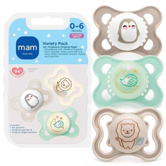MAM Chupón de 0 a 6 meses, paquete variado, sin BPA, pezón de silicona | 1 original, 1 original brilla en la oscuridad, 1 aire, desarrollado con expertos médicos, fabricado en Europa