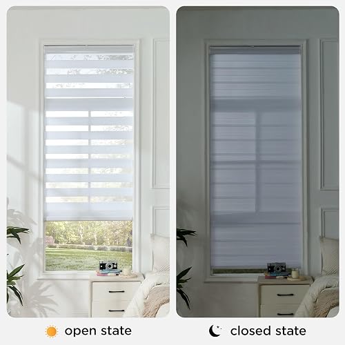 Joydeco - Mini persianas de cebra inalámbricas para ventanas, color blanco transparente filtrando la luz de privacidad de doble capa para puerta corredera de vidrio de recámara, 35 pulgadas de ancho x 75 pulgadas de alto