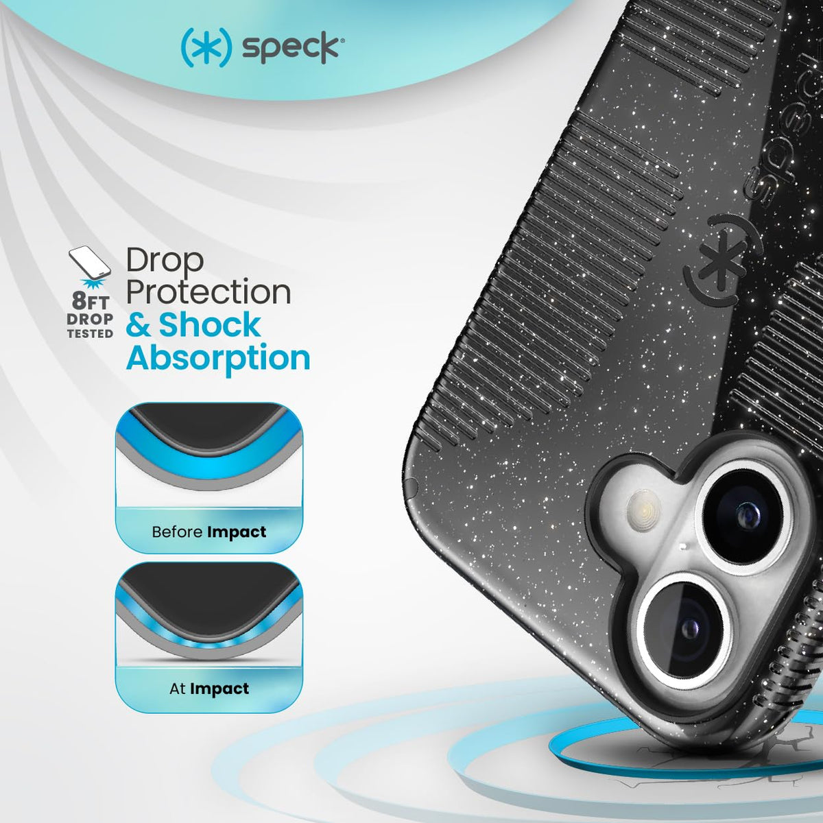 Speck CandyShell Grip - Funda para iPhone 16, MagSafe, Color Negro con Purpurina, Acero y Negro