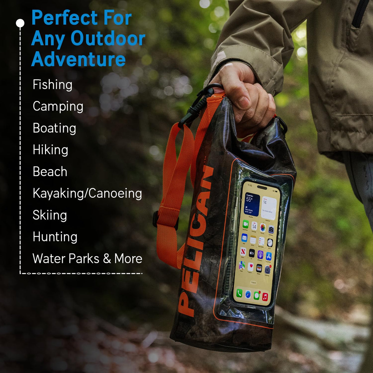 Pelican Marine Bolsa seca impermeable IP68 de 2 L – Mochila enrollable con funda para teléfono/bolsa, Accesorios esenciales para acampar, natación, playa, pesca, rafting, viajes – Hunter Camo