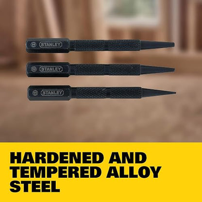 STANLEY Juego de Clavadores para puntillas y clavos por 3 piezas (58-230) | Juego de uñas, 3 piezas, cabeza cuadrada que evita rodar, acero endurecido, tamaños de punta 0.8, 1.6, 2.4 mm