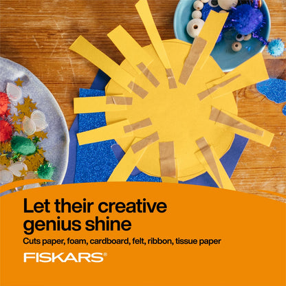 Fiskars - Tijeras de punta roma SoftGrip de 5 pulgadas para niños de 4 a 7 años (paquete de 3), tijeras para la escuela o manualidades, suministros para el regreso a la escuela, diseños azules,