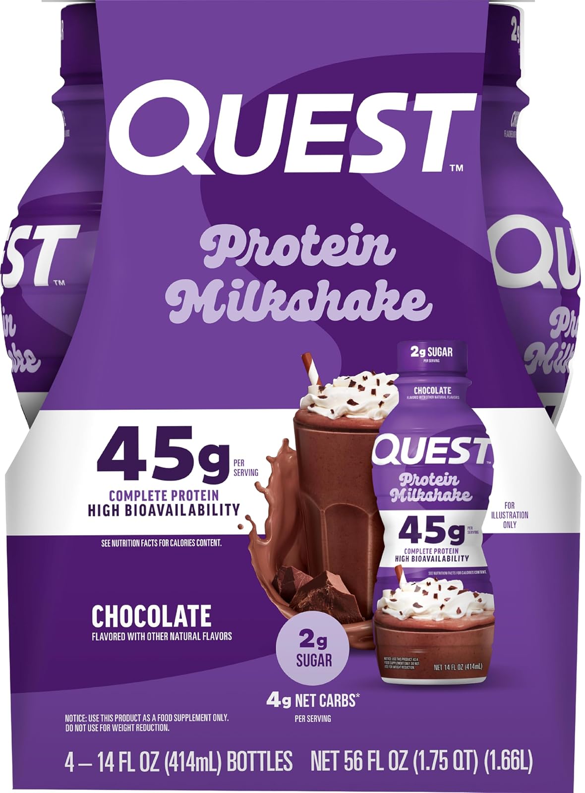 Quest Nutrition Protein Milkshake sabor Chocolate, 45 g de proteína, 2 g de azúcar - 12 Pack de 414 ml