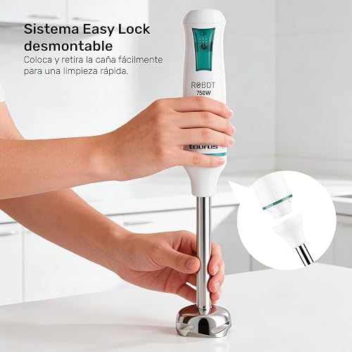 TAURUS ROBOT 750 INOX | Batidora de Inmersión 750 W | Caña de Acero Inoxidable Desmontable | Turbo Rotation System | Control de Pulso | Ideal para Papillas, Salsas y Batidos Familiares