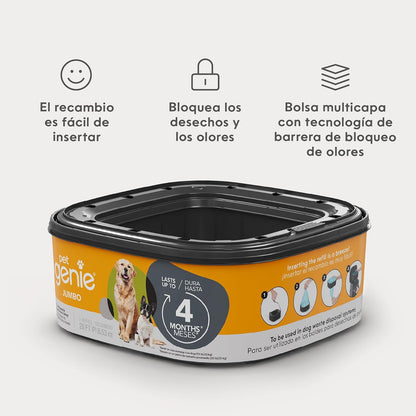 Recambio Pet Genie Jumbo | Película multicapa de 28 pies | Bloquea olores, dura hasta 4 meses | Eliminación fácil de desechos de perro