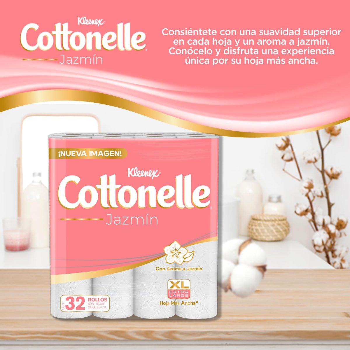 Kleenex Cottonelle Beauty, Papel Higiénico, Aroma a Jazmín, Paquete con 32 Rollos de 408 Hojas Dobles C/U