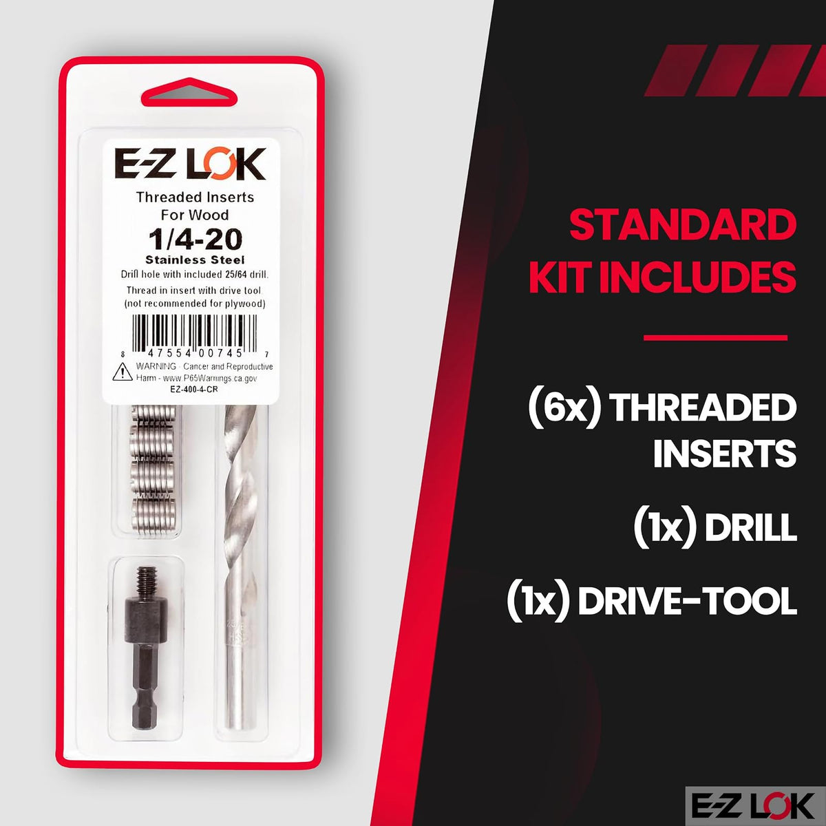 E-Z LOK 400-4-CR Insertos roscados para madera, kit de instalación, acero inoxidable, incluye insertos de rosca de cuchillo 1/4-20 (6), taladro, herramienta de instalación