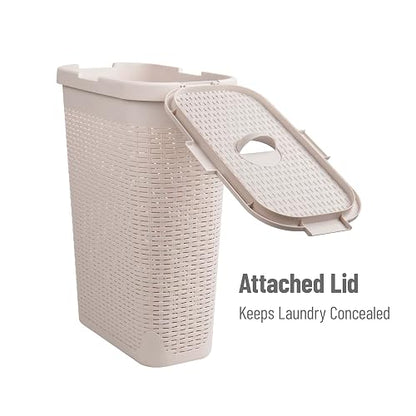 Mind Reader 40L Slim Laundry Hamper, Clothes Basket, Lid, Wicker Design, Plastic, 18" L x 10.4" W x 23.5" H, Set of 2, Ivory