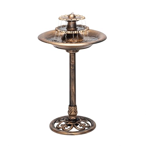 Alpine Corporation Fuente de Agua de Pedestal de 3 Niveles para Exteriores con Baño de Pájaros, Cascada Vintage, 35", Bronce