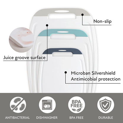Neoflam Microban Protection Cutting Board 3 Piece Set, Stain & Odor/BPA Free, Reversable Board, Upgraded Larger Juice Groove, Non-Slip EZ Grip Handle, Dishwasher Safe,Grey