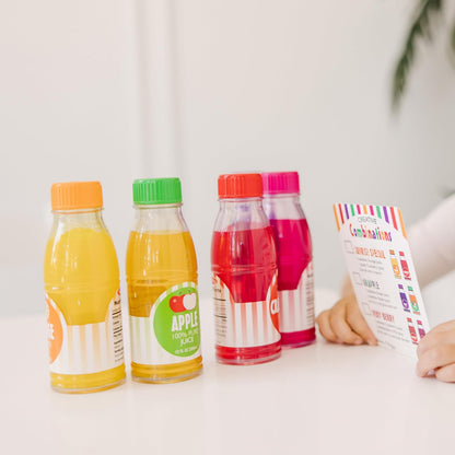 Melissa & Doug Tip & Sip - juguete de botellas de jugos y tarjeta de actividades (6 pzas.)