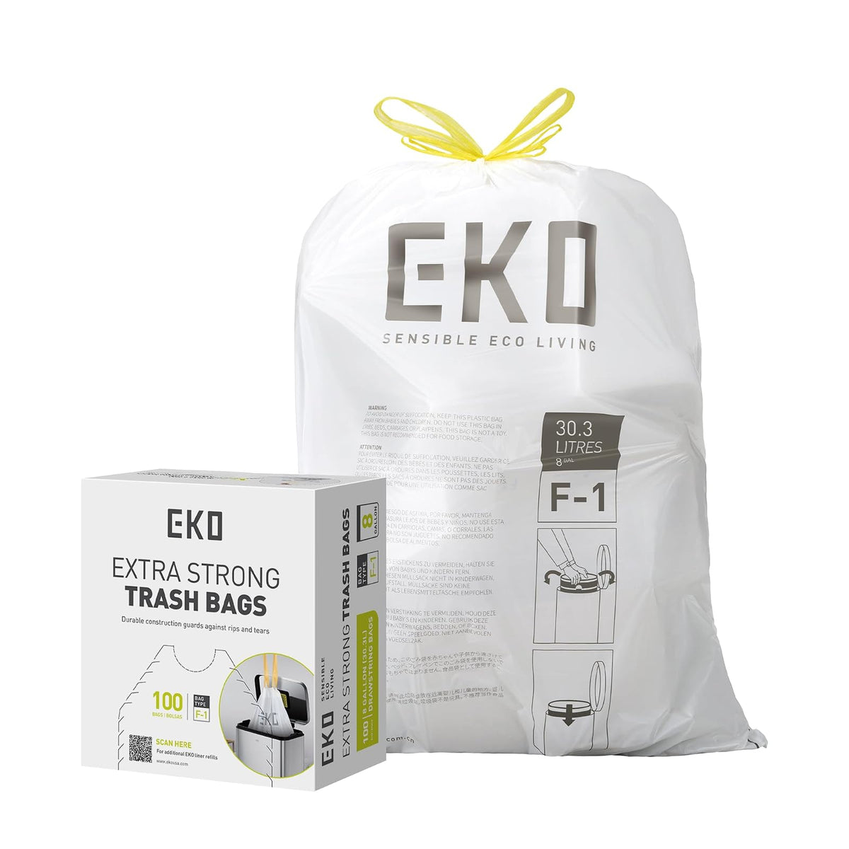 EKO - Bolsas de basura de 8 galones, 30.3 litros, 100 unidades con cordón, bolsas de basura extrafuertes, sin perfume, rollo fácil de dispensar para cocina y uso doméstico, resiste desgarros, fugas y