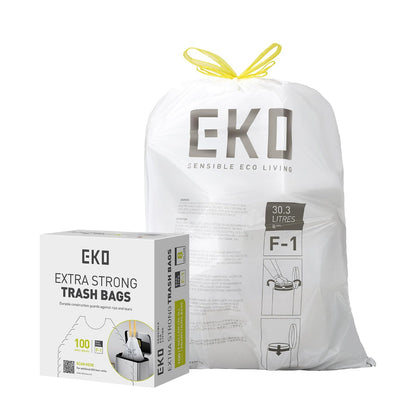 EKO - Bolsas de basura de 8 galones, 30.3 litros, 100 unidades con cordón, bolsas de basura extrafuertes, sin perfume, rollo fácil de dispensar para cocina y uso doméstico, resiste desgarros, fugas y