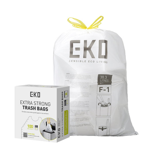 EKO - Bolsas de basura de 8 galones, 30.3 litros, 100 unidades con cordón, bolsas de basura extrafuertes, sin perfume, rollo fácil de dispensar para cocina y uso doméstico, resiste desgarros, fugas y
