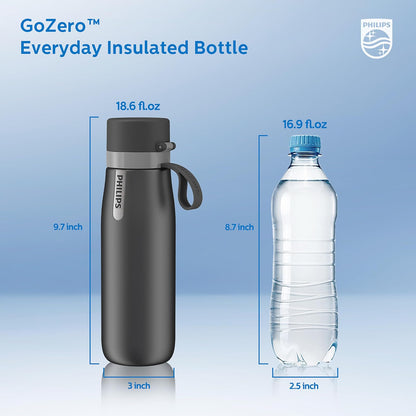 PHILIPS - Botella de agua de filtrado de alta calidad con aislamiento de acero inoxidable de 19 onzas y 32 onzas con filtro de agua Philips GoZero para llave diario, sin BPA, transforma el agua del