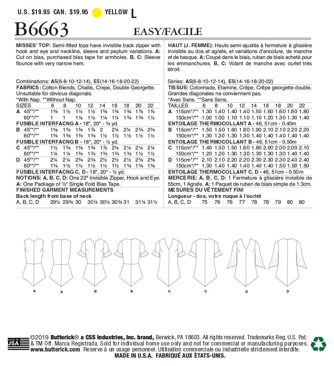 Butterick B6663E5 - Patrones de costura para blusa semiajustada para mujer, tallas 14 a 22