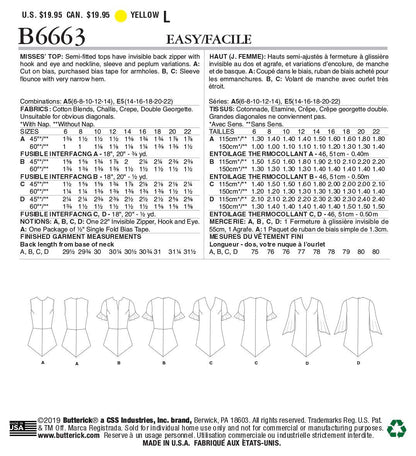 Butterick B6663E5 - Patrones de costura para blusa semiajustada para mujer, tallas 14 a 22