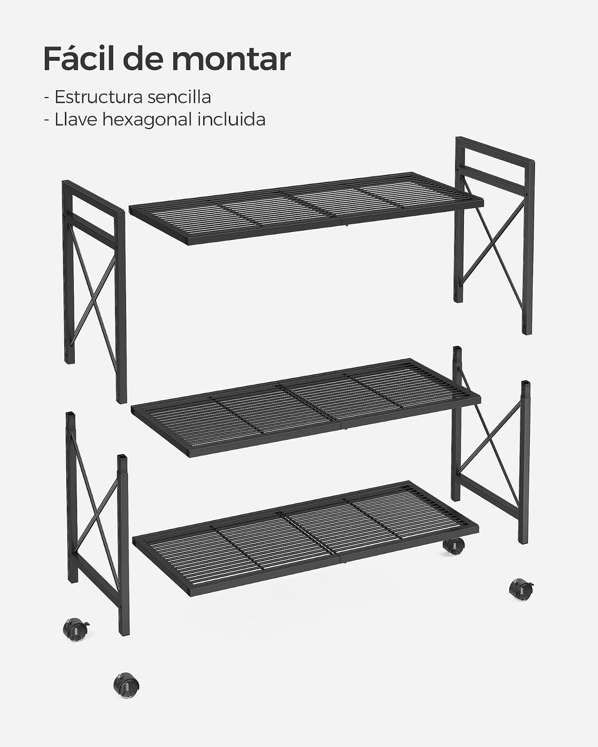 SONGMICS Estantería Metálica de 3 Niveles con Ruedas, 80 cm de Ancho | Estantería de Malla con Marcos Laterales en X, para Entrada, Cocina, Salón, Baño, Negro mate, Colección DACEY MBSC183B01