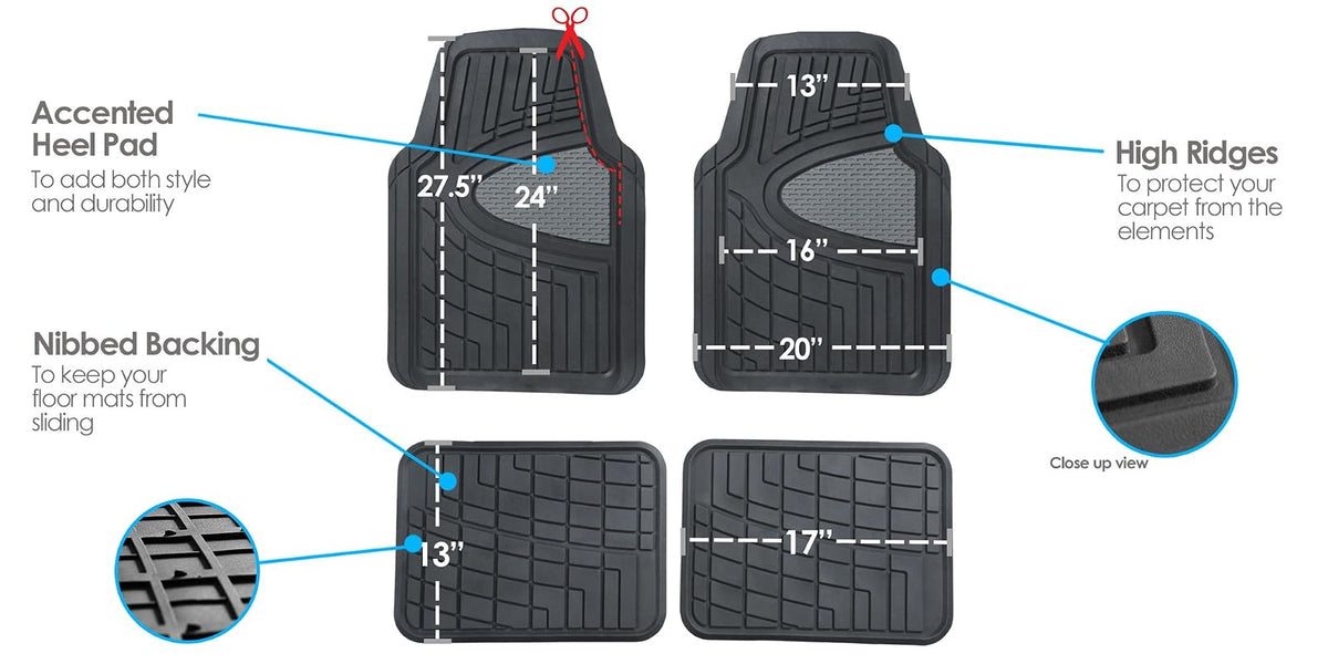 FH Group - Juego Completo de Alfombrillas de Goma para Todo Tipo de Clima (Gris) con Forro de Carga Recortable para Todas Las Estaciones (Negro) - Ajuste Universal para Automóviles, Camiones y SUV