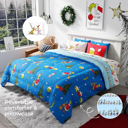 Franco Grinch por Dr. Seuss - Juego de sábanas y edredón súper Suave con Funda de Almohada, 7 Piezas tamaño King (Producto Oficial de Dr. Seuss)