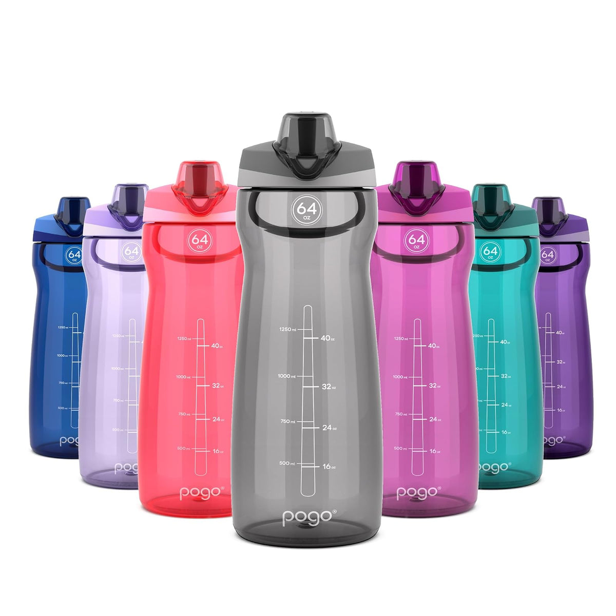 Pogo - Botella de agua de plástico de 64 onzas con tapa a prueba de fugas y asa de transporte, reutilizable, sin BPA, marcas de capacidad, apta para lavaplatos, perfecta para viajes, escuela, al aire