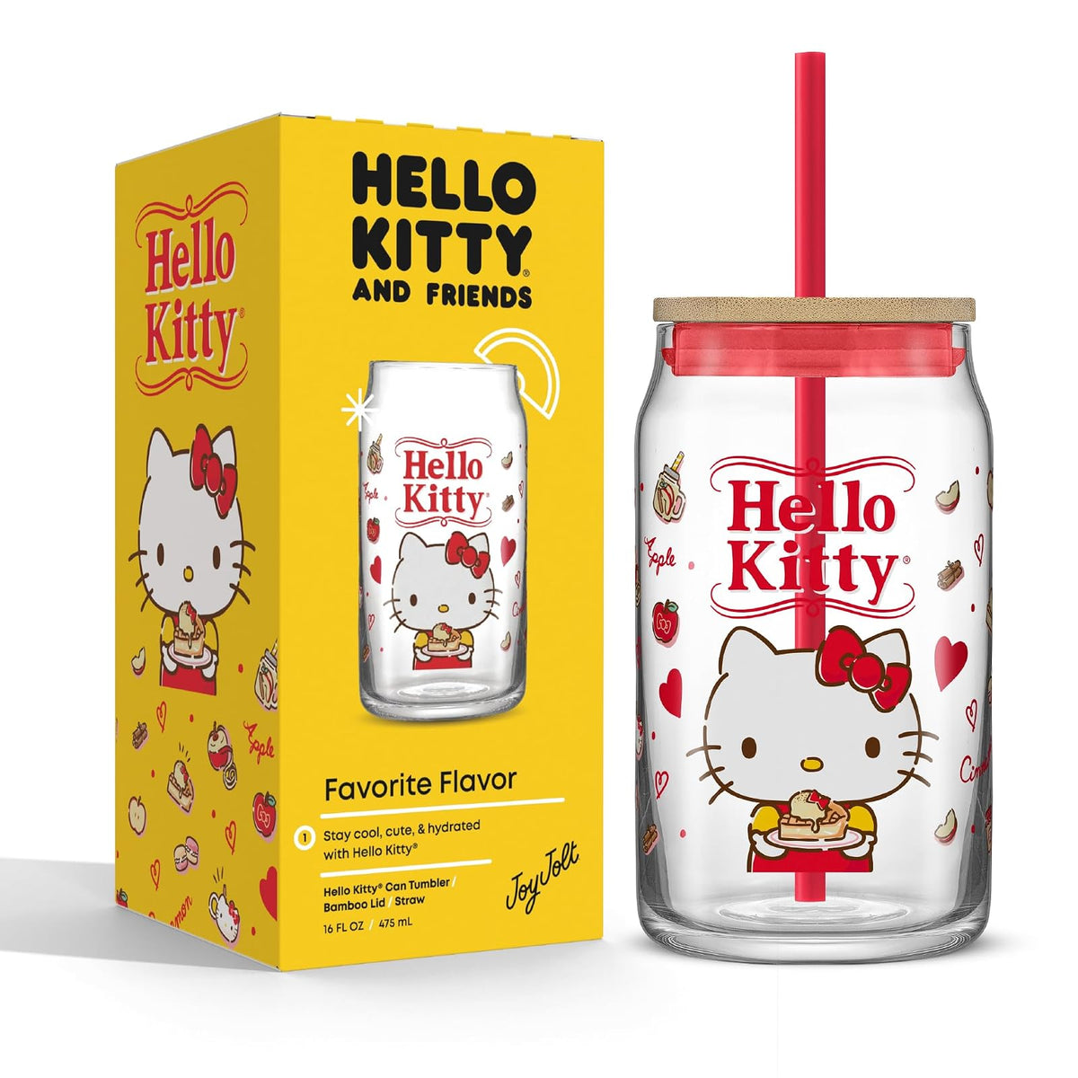 JoyJolt Sanrio - Vaso de vidrio con sabor favorito de Hello Kitty and Friends con tapa de bambú y popote, a prueba de fugas, taza transparente de 16 onzas con forma de lata de soda con Hello Kitty