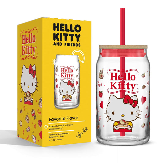 JoyJolt Sanrio - Vaso de vidrio con sabor favorito de Hello Kitty and Friends con tapa de bambú y popote, a prueba de fugas, taza transparente de 16 onzas con forma de lata de soda con Hello Kitty
