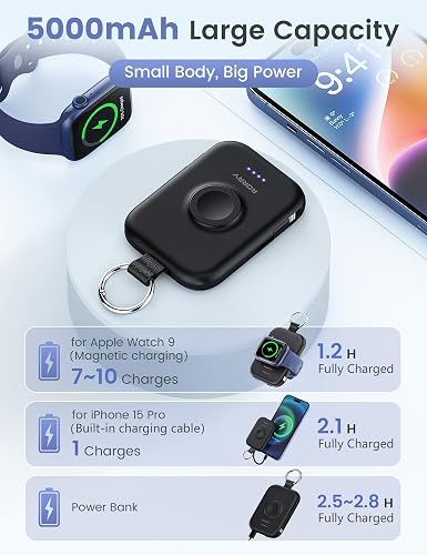 RORRY Power Bank, 5000mAh Pila Portatil Bateria Recargable con Cables | 3 en 1,Cargador Portatil,Powerbank,Bateria Externa,para Apple Watch Ultra/11/10/9/8/7/6,para iPhone 17/16/15/14,para AirPods
