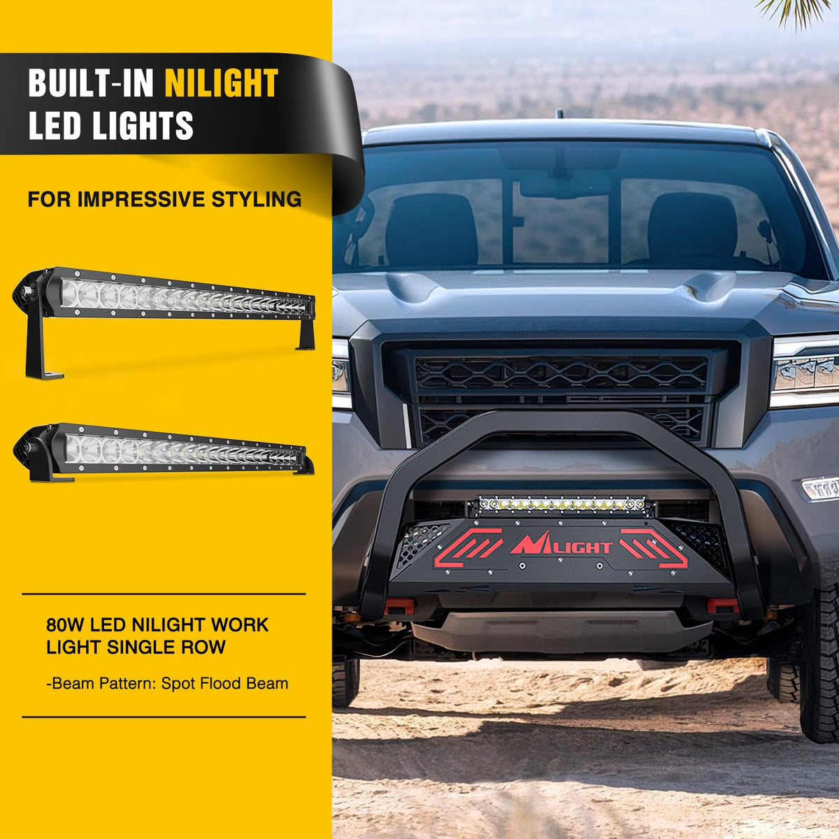 Nilight Bull Bar con luz para Nissan Frontier 2005-2021 (Gancho de Remolque | Protector de cepillo para polvo de rejilla de parachoques delantero con luz LED auxiliar, agujero de licencia de placa