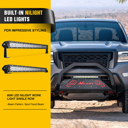 Nilight Bull Bar con luz para Nissan Frontier 2005-2021 (Gancho de Remolque | Protector de cepillo para polvo de rejilla de parachoques delantero con luz LED auxiliar, agujero de licencia de placa