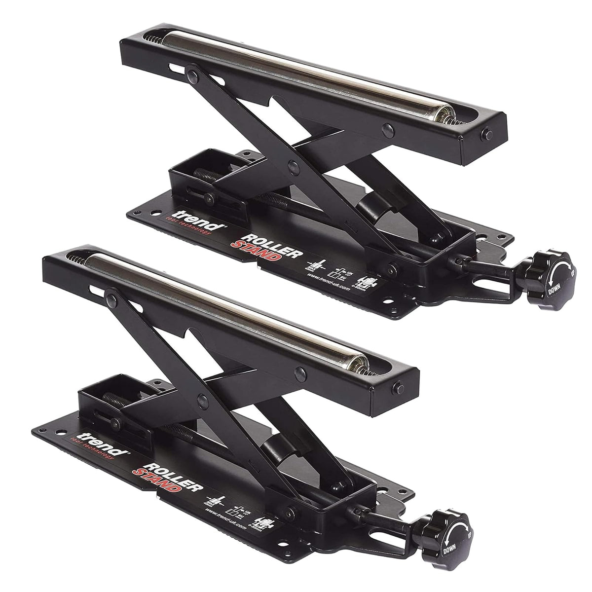 Trend Juego de 2 soportes de rodillos ajustables para sierras tronzadoras, rodillo con rodamiento de bolas, altura ajustable, modelo R/STAND/A/2 - 2 piezas