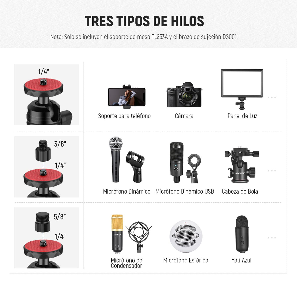 NEEWER TL253A+DS001 Soporte Sobremesa Brazo Extensible para Cámara y Móvil | Soporte para Teléfono, Cabezales Esféricos, Adaptador Tornillo, Soporte Sobremesa para Cámara, Móvil, Webcam Y Anillo De Luz