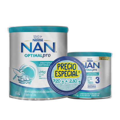 NAN 3 Optimal Pro, Alimento Para Niños de Corta Edad A Partir de 1 a 2 Años, Fortificado Pack de 1 Lata de 720 g + 1 Lata de 230 g