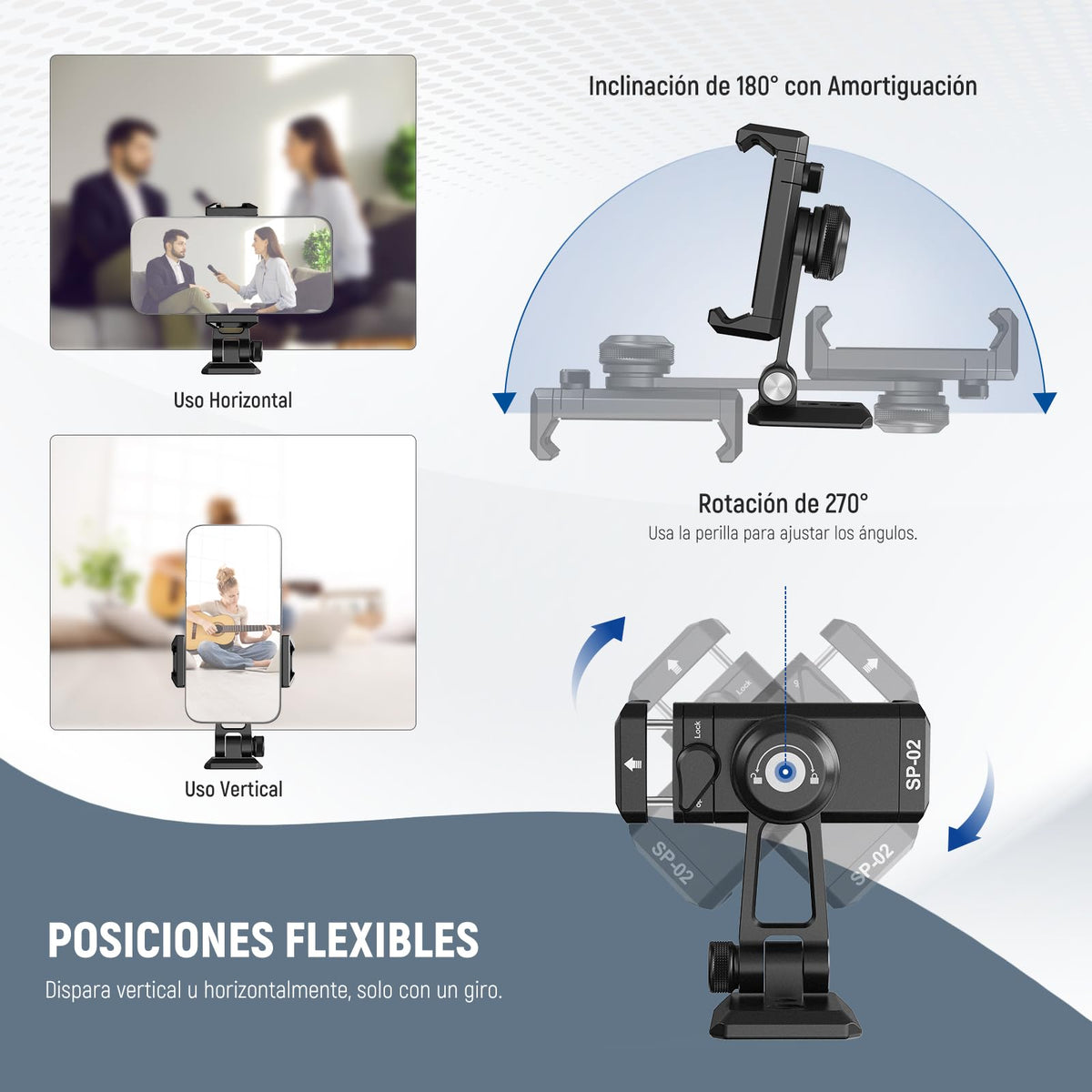 NEEWER SP-02 Típode Móvil Montaje Adaptador con Placa Liberación Rápida Arca Zapata Fría 360° Rotación 180° Tilt Paño Limpieza, Soporte Plegable Compatible con iPhone Android Samsung para Grabación
