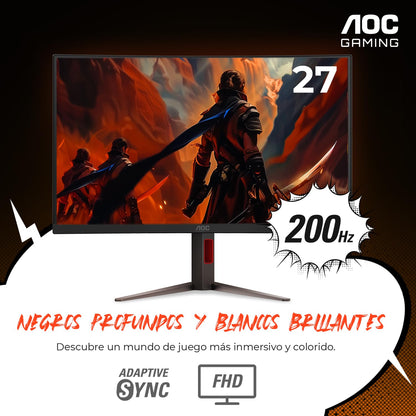 AOC Monitor Curvo Gamer de 27 Pulgadas 1500R, C27G4H2, FHD, 200Hz, 0.3ms, HDMI 2.0, Display Port, Altura Ajustable Compatible con Xbox, PS5, SW1 y SW2.
