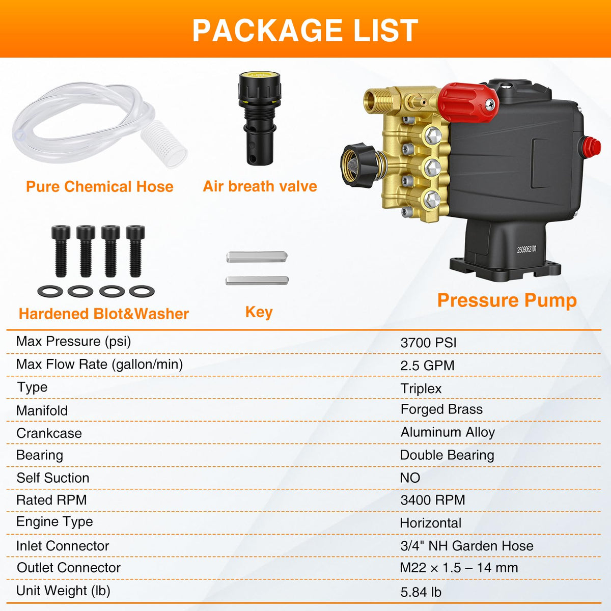 Yesker - Bomba de lavado a presión triple horizontal de eje de 3/4 pulgadas 2800-3700 PSI 2.5 GPM 5-8 HP apta para Honda GC190 GX200 Simpson 90036 40224 40225 40226 Santoprene 41182