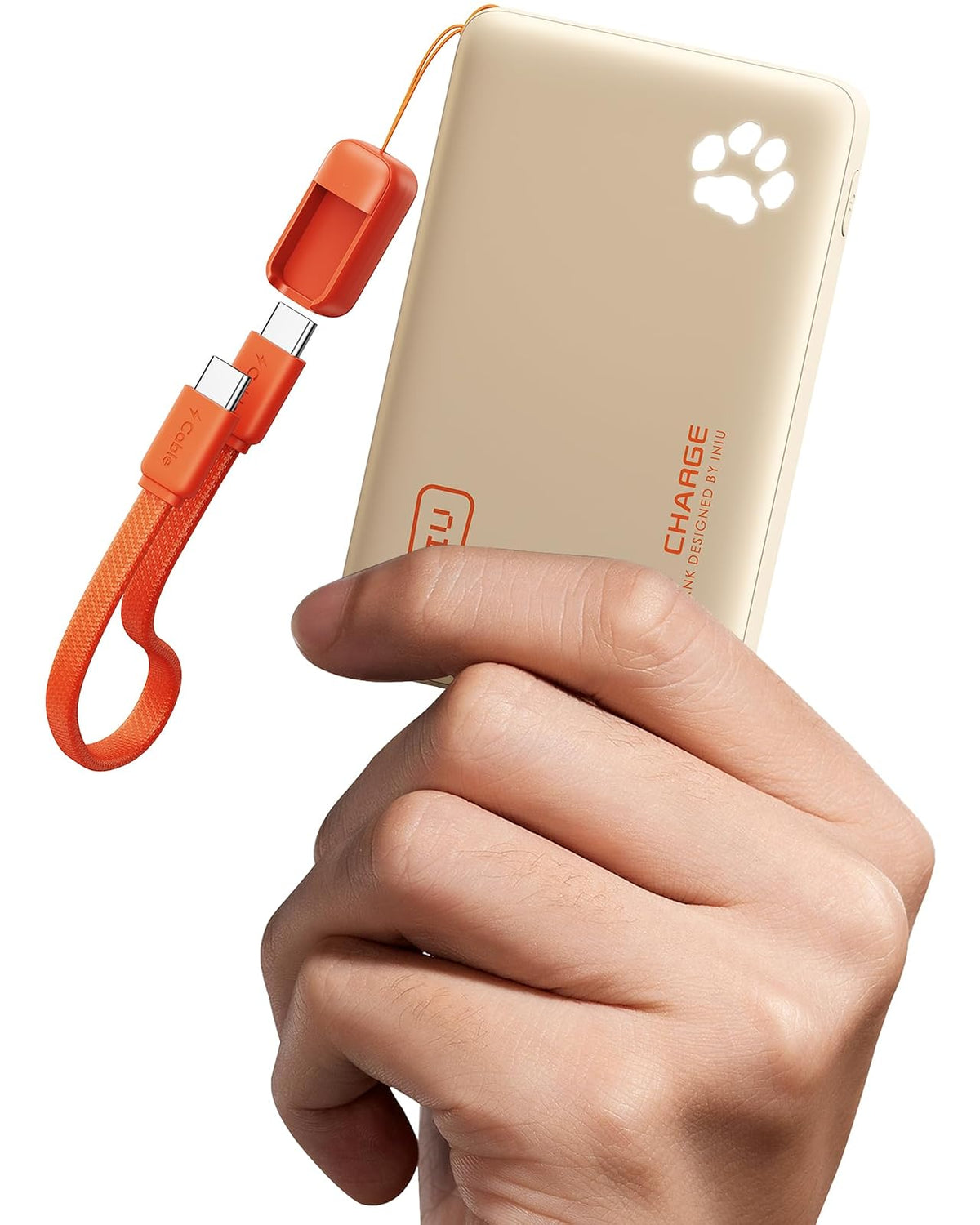 INIU Power Bank 10000mAh 45W con Cable USB-C Integrado - Beige - Versión Compacta