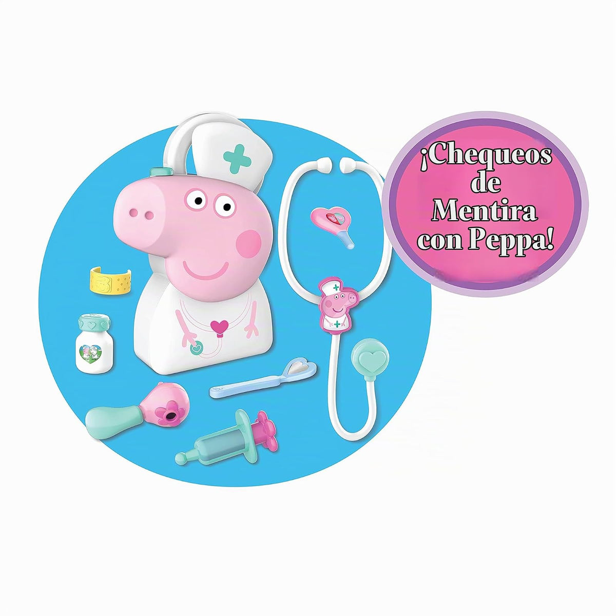 Peppa Pig Just Play - Juego de Fundas de chequeo con asa de Transporte, Kit médico de 8 Piezas para niños con Estetoscopio, Color Rosa