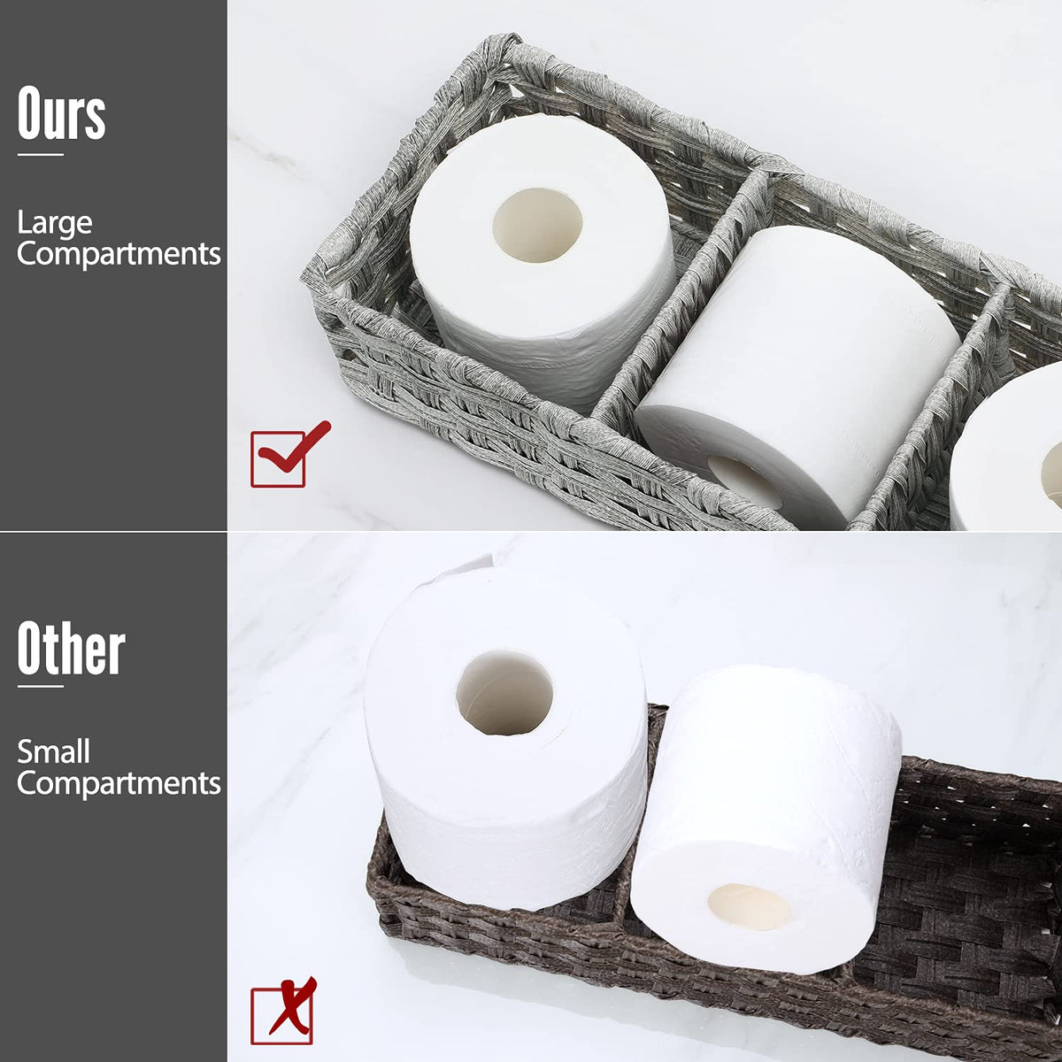 AOZITA Cesta de Papel para Inodoro con Divisor | Lavado gris, tejido a mano, mimbre plástico, almacenamiento múltiple