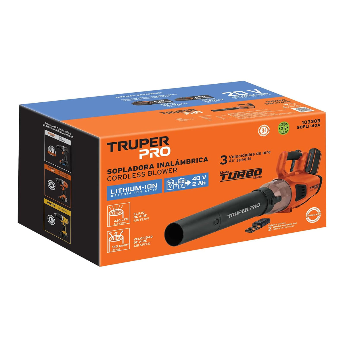 Truper Pro SOPLI-40A, Sopladora inalámbrica 40V, 2 baterías 2Ah, 1 Cargador Dual
