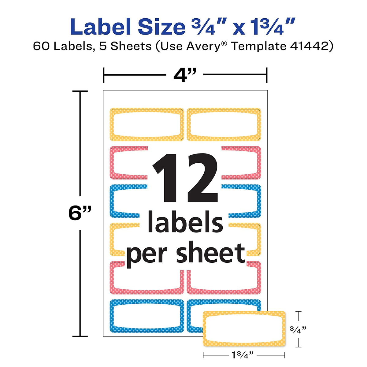 Avery - Etiquetas duraderas para equipo de niños, 3/4 pulgadas x 1-3/4 pulgadas, colores surtidos de fronteras, etiquetas resistentes al agua, escritura e imprimibles con láser/inyección de tinta, 60