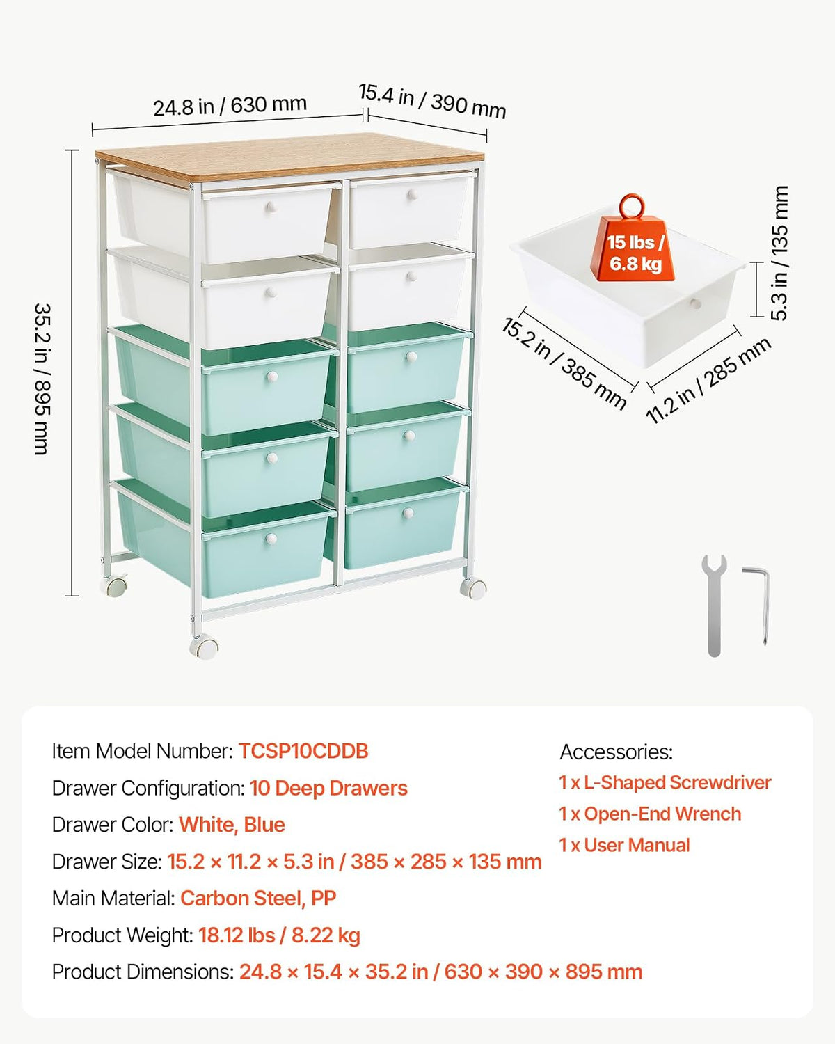 VEVOR Carrito Organizador de Metal con 10 Cajones de Doble Fila, Carrito | de Almacenamiento con Ruedas Giratorias de 360° y 2 Frenos, Destornillador, para Garaje Oficina Dormitorio Baño Manualidades