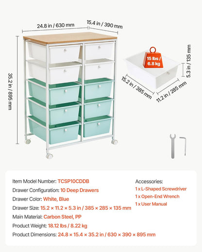 VEVOR Carrito Organizador de Metal con 10 Cajones de Doble Fila, Carrito | de Almacenamiento con Ruedas Giratorias de 360° y 2 Frenos, Destornillador, para Garaje Oficina Dormitorio Baño Manualidades