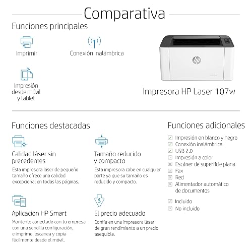 HP Impresora Laser 107w, Láser, Impresión en Negro, Wi-Fi, USB, Impresión y escanéo Smart App, Apple Air Print, Bandeja de 150 Hojas, Pantalla LED (4ZB78A)