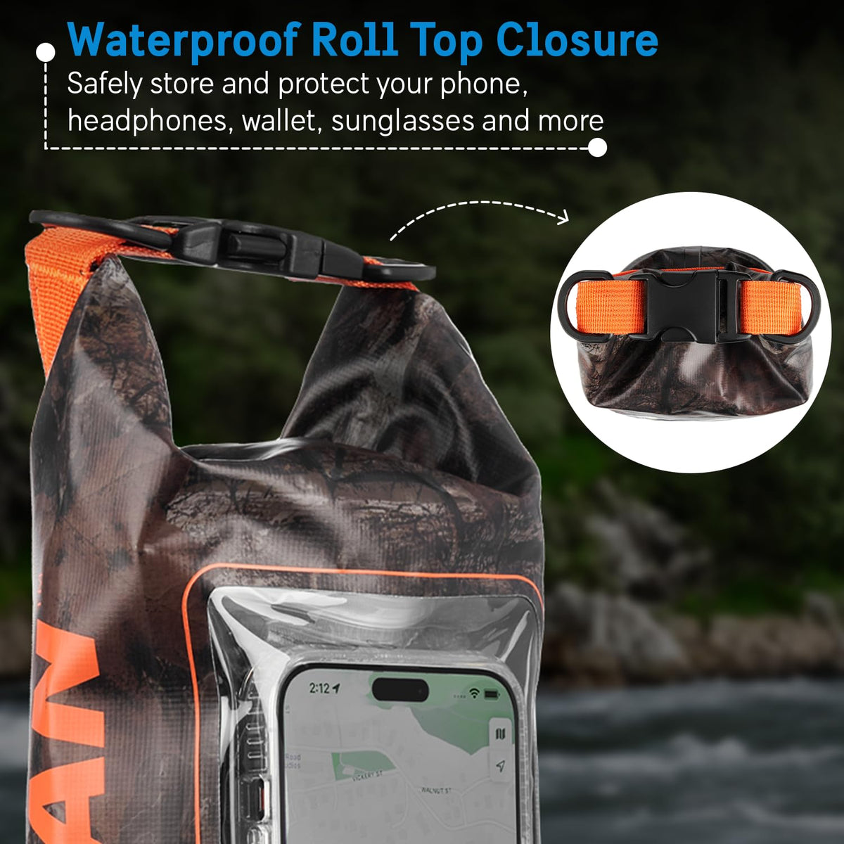 Pelican Marine Bolsa seca impermeable IP68 de 2 L – Mochila enrollable con funda para teléfono/bolsa, Accesorios esenciales para acampar, natación, playa, pesca, rafting, viajes – Hunter Camo
