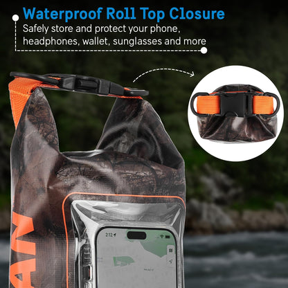 Pelican Marine Bolsa seca impermeable IP68 de 2 L – Mochila enrollable con funda para teléfono/bolsa, Accesorios esenciales para acampar, natación, playa, pesca, rafting, viajes – Hunter Camo