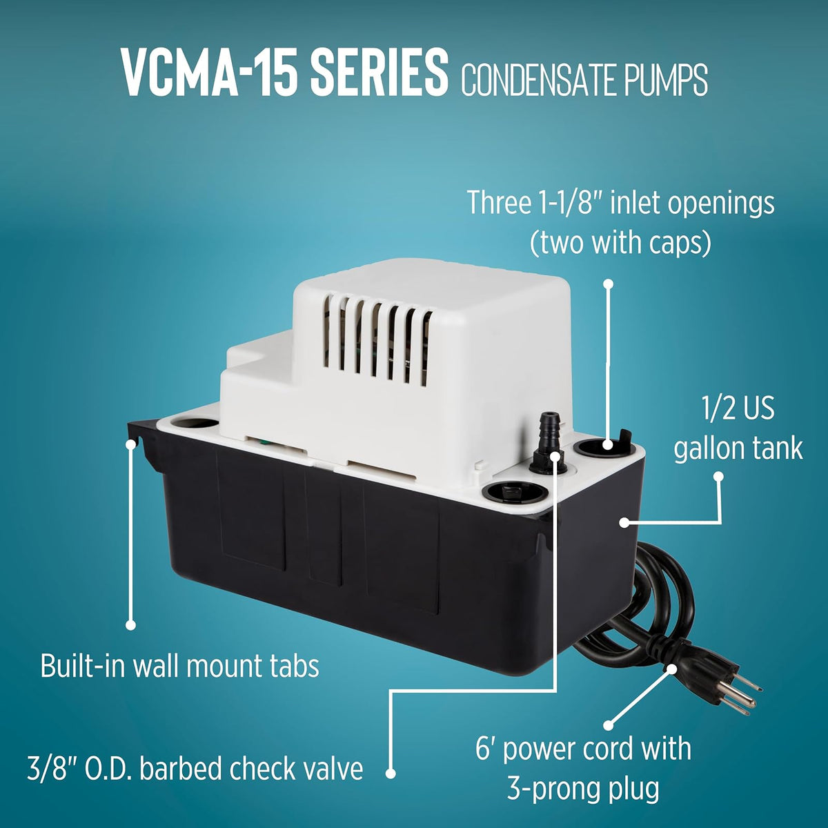Little Giant VCMA-15UL Bomba automática de extracción de condensado de 115 voltios, 65 GPH, 1/50 HP para sistemas HVAC/refrigeración/deshumidificadores (sin interruptor de seguridad), cable de 6 pies