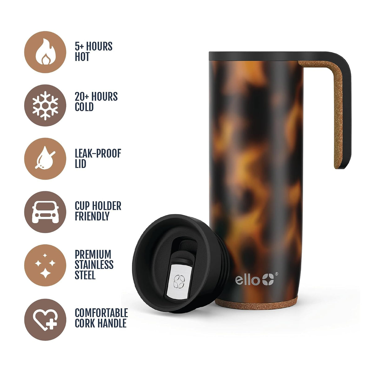 Ello Magnet - Taza de viaje de acero inoxidable aislada al aspiradora de 18 onzas con asa lateral y tapa deslizante a prueba de fugas y posavasos integrados, mantiene el calor durante 5 horas