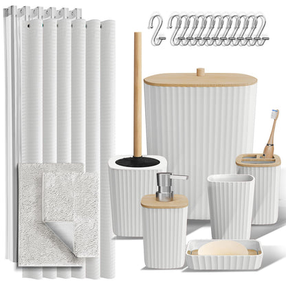 Clara Clark - Juego de Accesorios de baño, Juego de 20 Piezas de Accesorios de baño, Juego de Cortina de Ducha, Cepillo para Polvo de Inodoro, Bote de Basura y dispensador de jabón - Juego completo + alfombras de baño - Blanco
