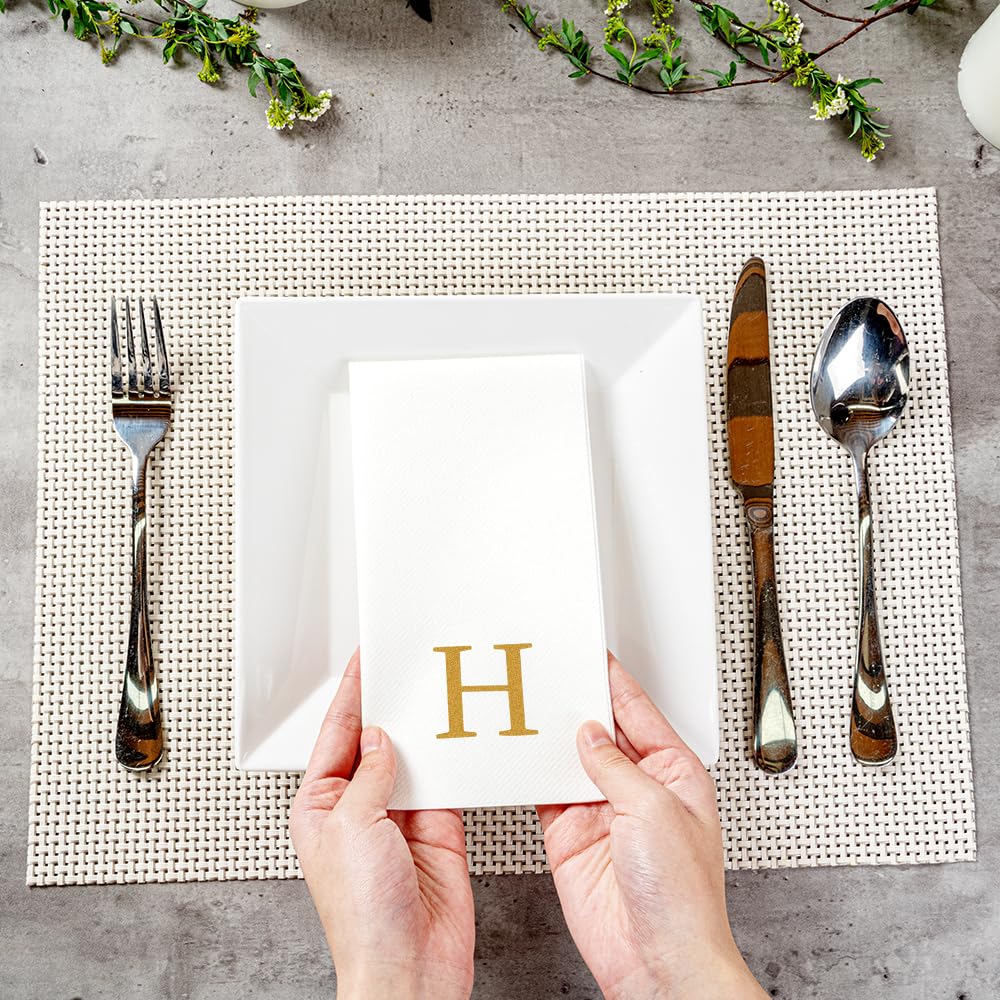 Luxenap - Toallas de lino de 15.8 x 7.9 pulgadas, 50 toallas de mano con letras - letra dorada 'H', letra Sans Serif Font, servilletas de papel blanco, airlaid, para baños y mesas, artículos de